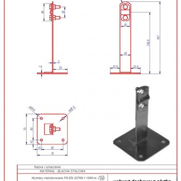 Uchwyt dachowy z płytką H-130mm. ZS karta produktu